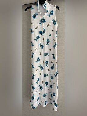 Sleeveless White Maxi Dress with Blue Fish Print